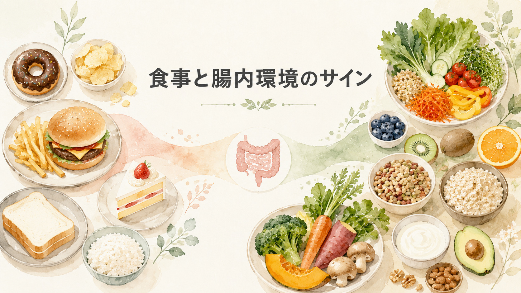 食事と腸内環境の関係を表す食品イラスト