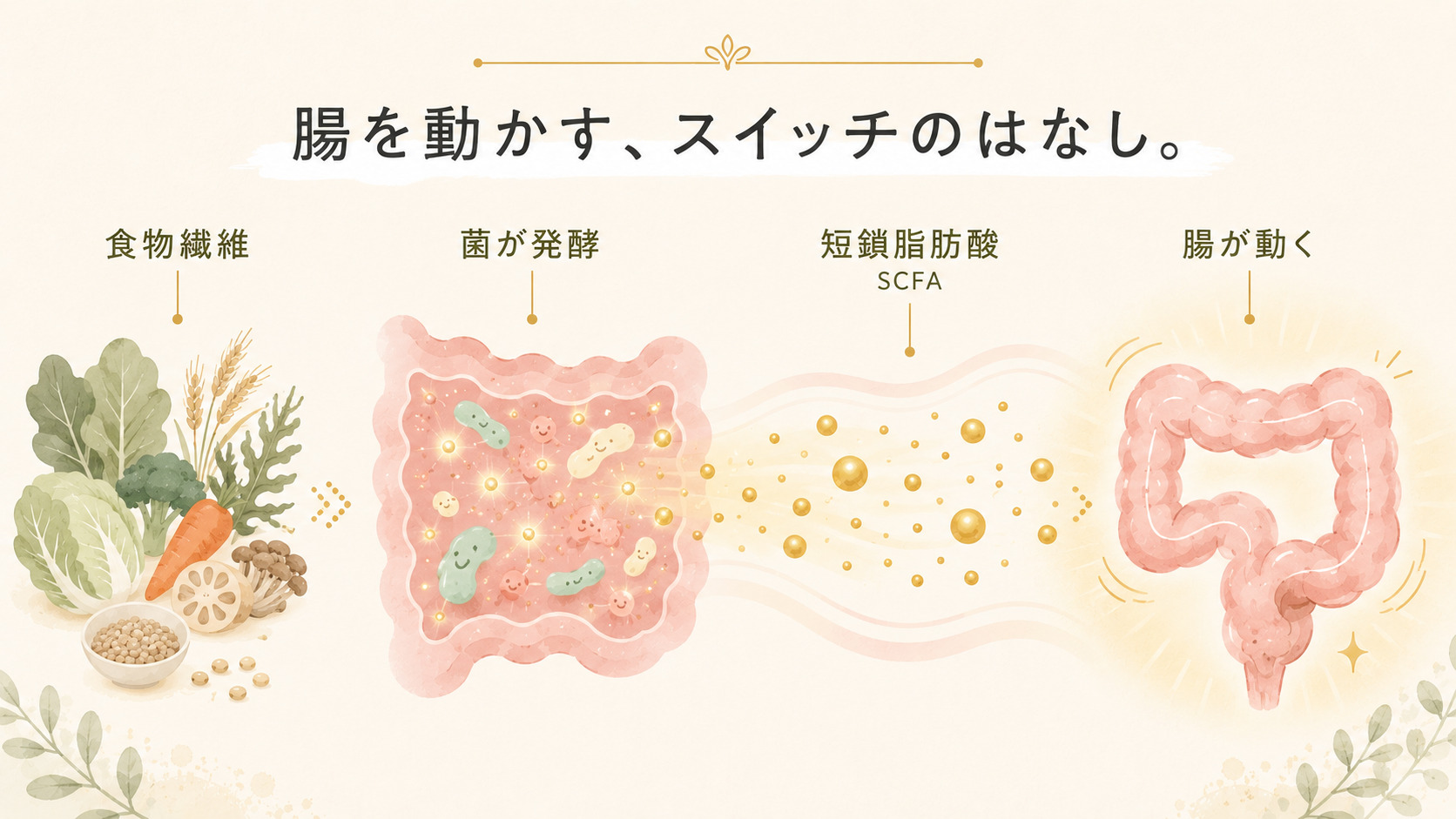 食物繊維から短鎖脂肪酸を経て腸の動きにつながる流れの図